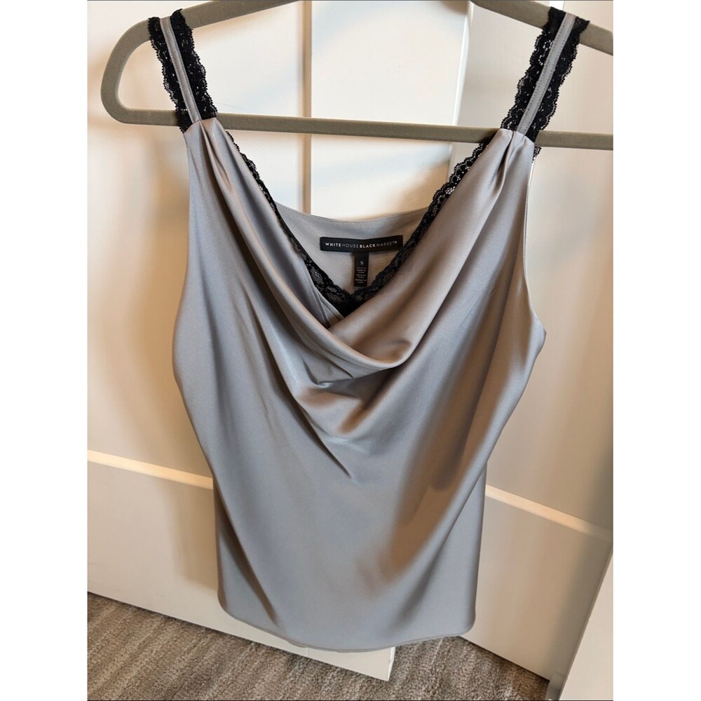 White House Black Market Silver-Gray Satin Cami with Black Lace